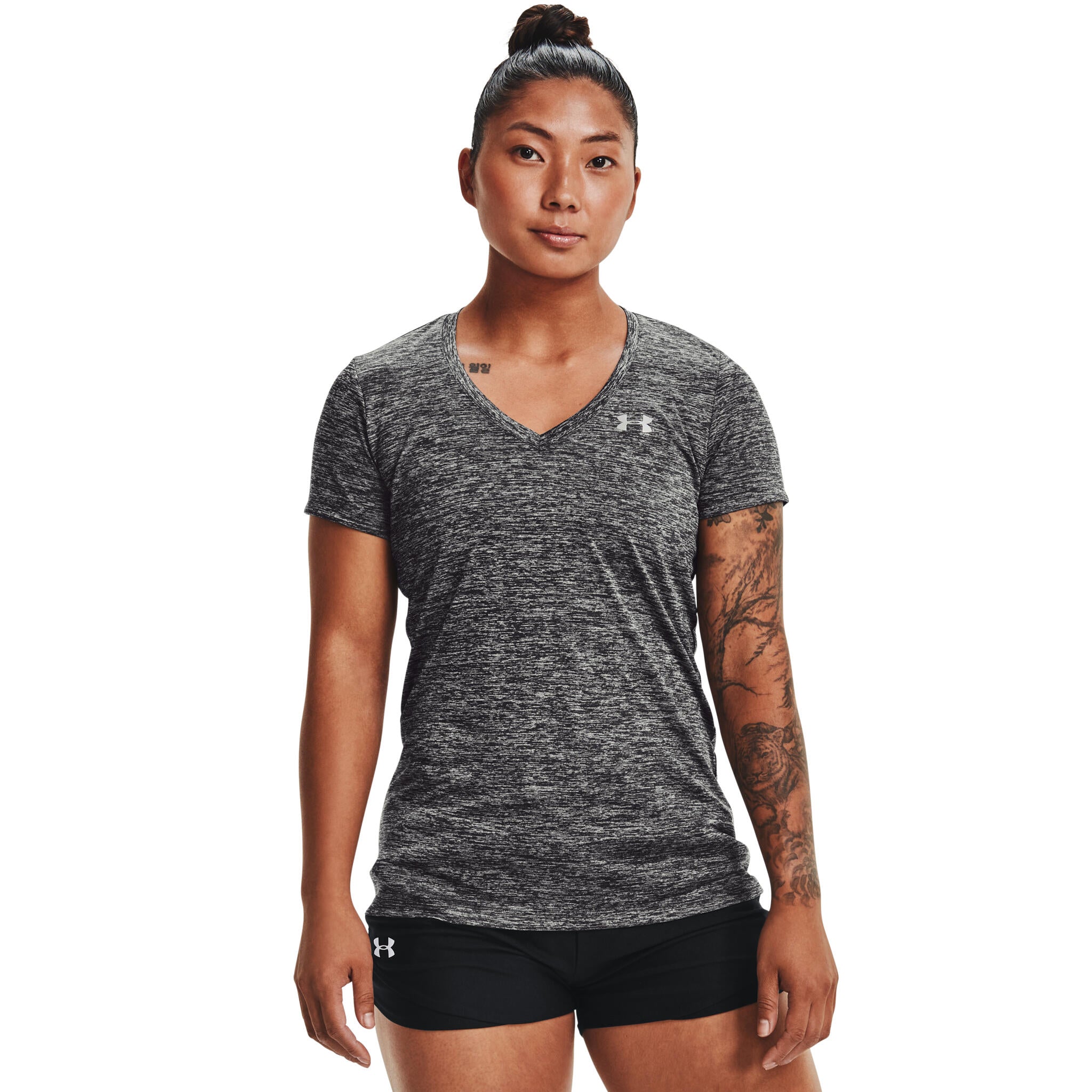  Under Armour Womens Tech V-Neck Twist Short-Sleeve T-Shirt,  (879) After Burn/White/Metallic Silver, X-Small : Clothing, Shoes & Jewelry